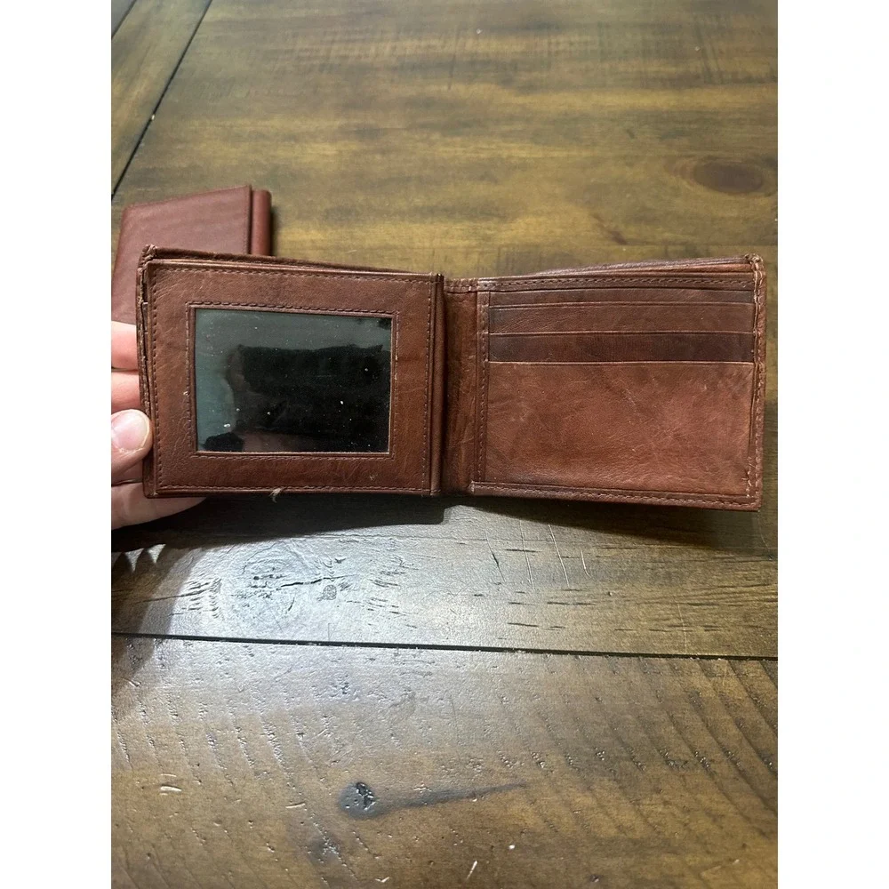 Mens Vintage Brown Genuine Leather Wallet Lot Bifold Trifold Set Zipper Pocket